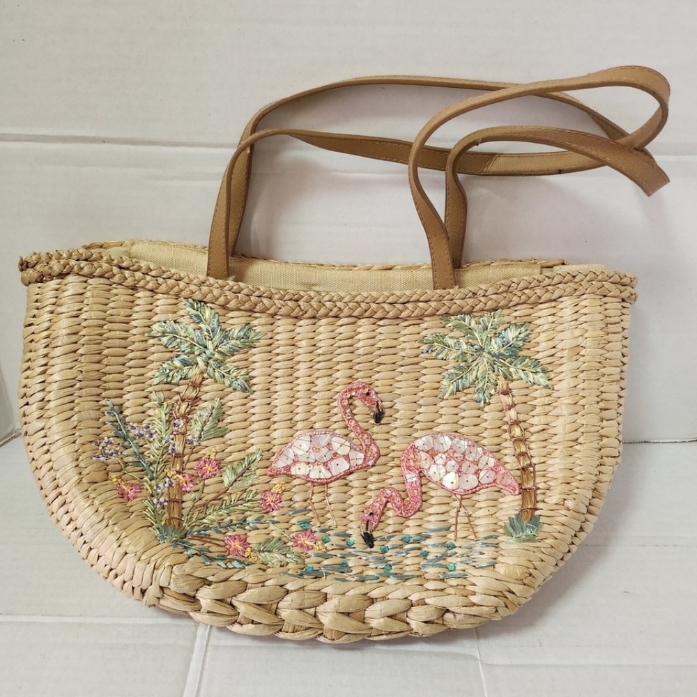 Vintage 2003 Cappelli Straworld Sequin Flamingo Palm Tree Floral Straw Purse Bag
